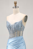 Blue Strapless Satin Beaded Corset Tight Cocktail Dress