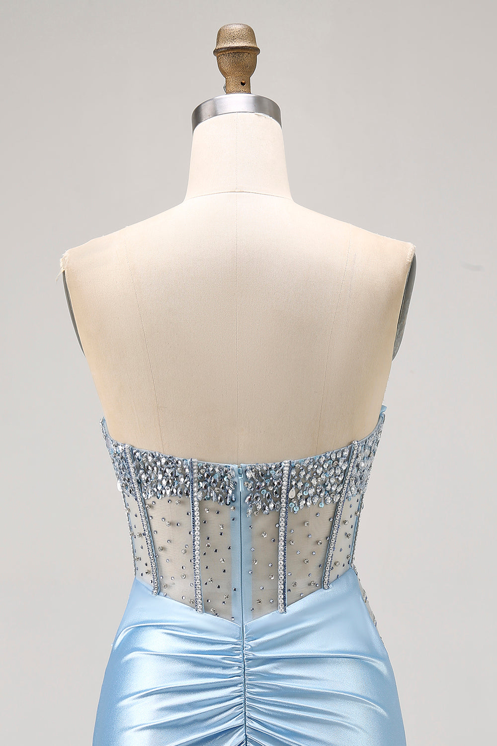 Blue Strapless Satin Beaded Corset Tight Cocktail Dress