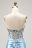 Blue Strapless Satin Beaded Corset Tight Cocktail Dress