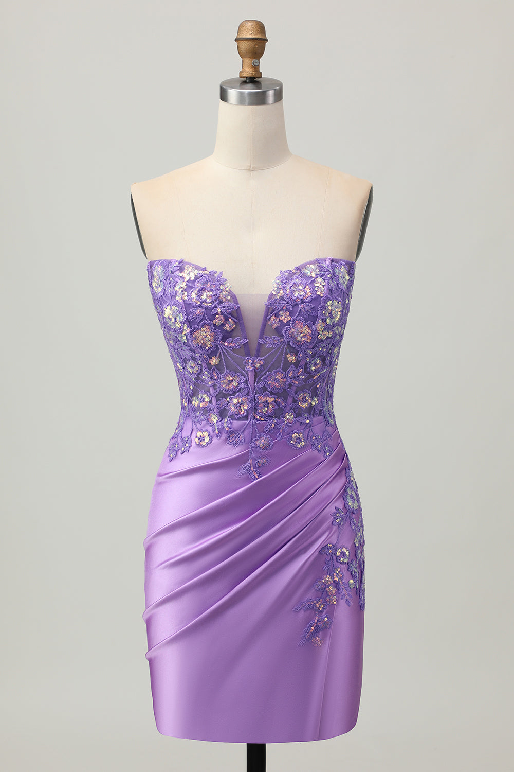 Sparkly Purple Bodycon Strapless Corset Ruched Sequins Cocktail Dress