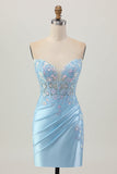 Light Blue Bodycon Strapless Corset Ruched Sequins Cocktail Dress