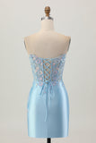 Light Blue Bodycon Strapless Corset Ruched Sequins Cocktail Dress