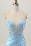 Light Blue Bodycon Strapless Corset Ruched Sequins Cocktail Dress