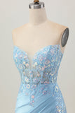 Light Blue Bodycon Strapless Corset Ruched Sequins Cocktail Dress
