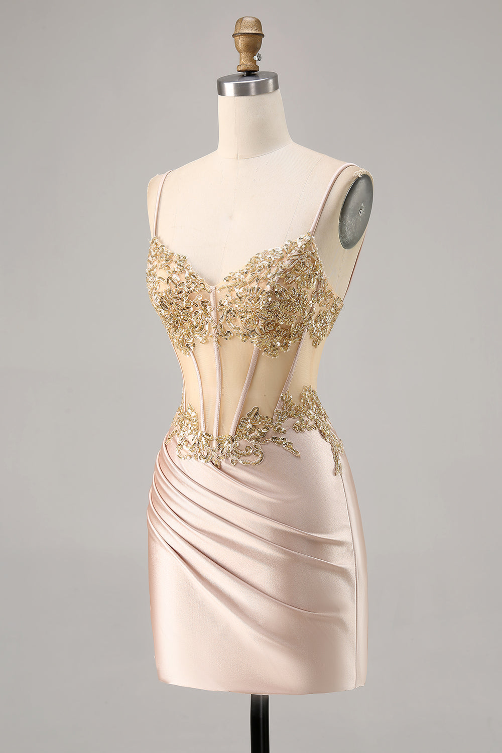 Champagne Satin Corset Cocktail Dress with Sequins