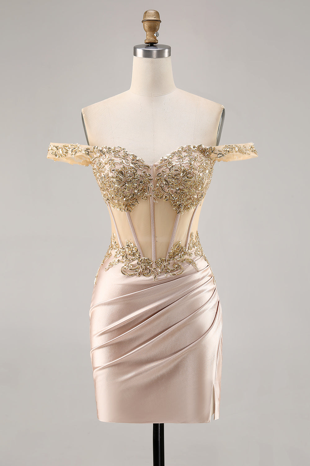 Champagne Off the Shoulder Corset Bodycon Cockatil Dress with Sequins