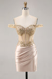 Champagne Off the Shoulder Corset Bodycon Cockatil Dress with Sequins