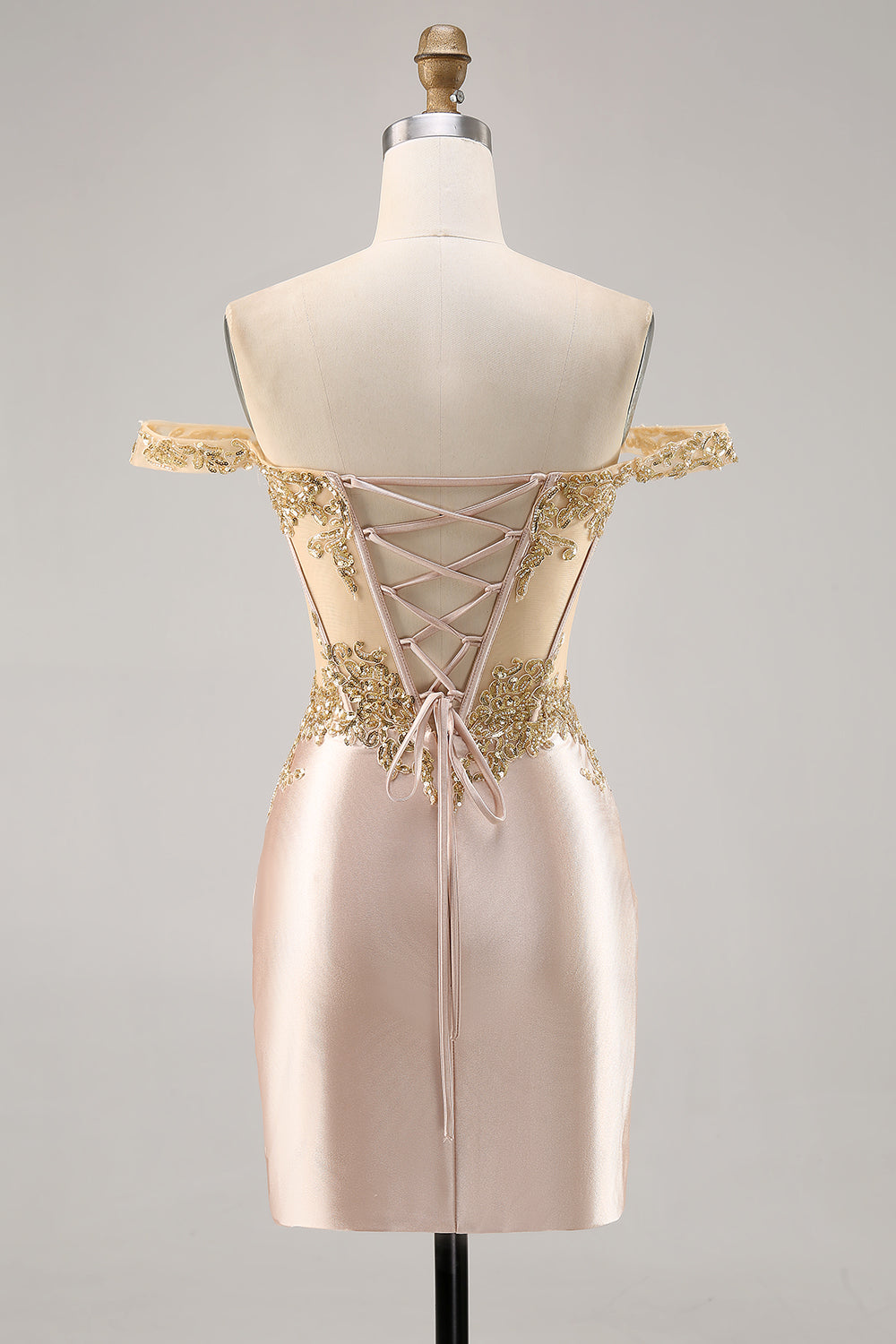 Champagne Off the Shoulder Corset Bodycon Cockatil Dress with Sequins