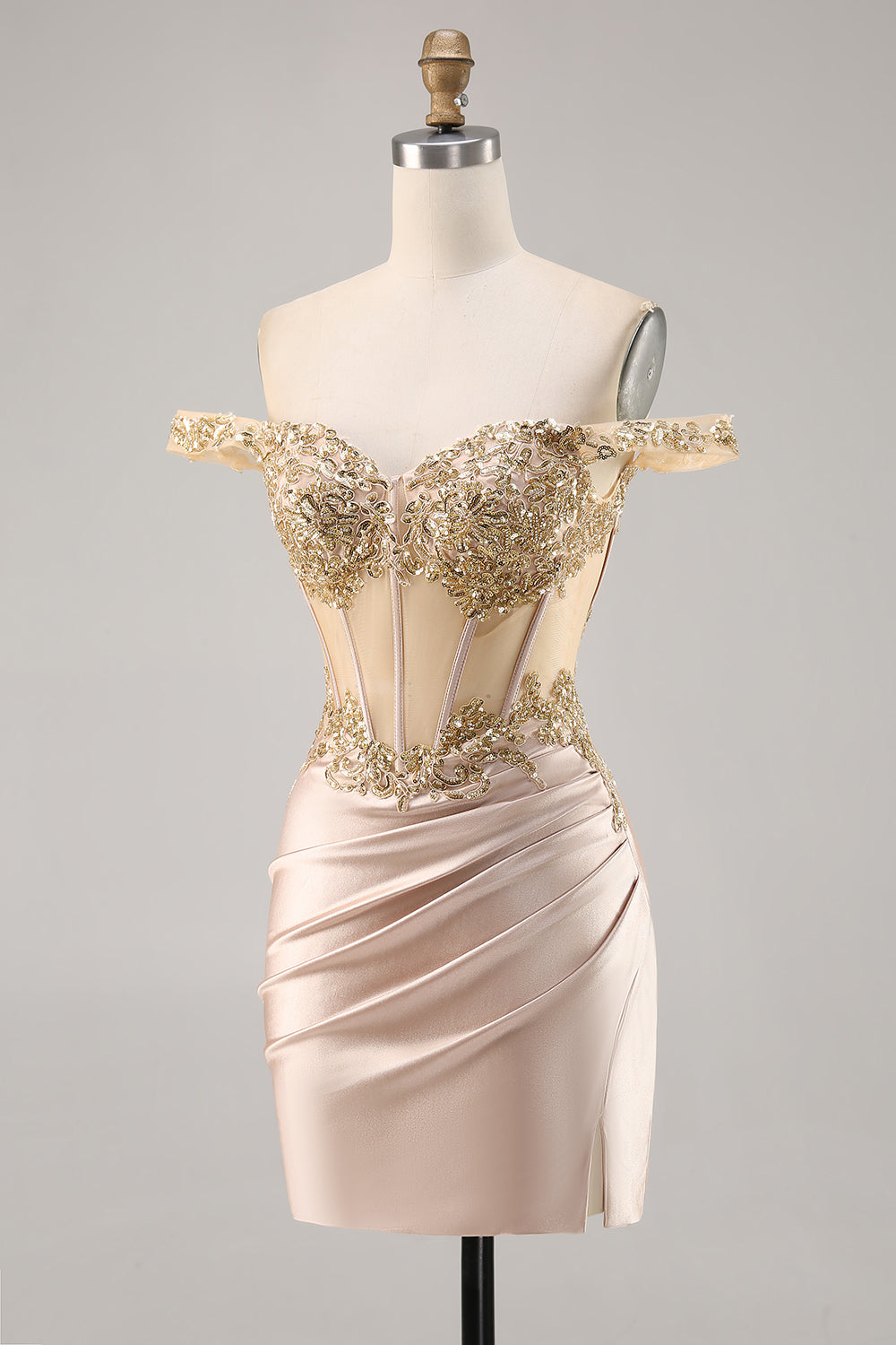 Champagne Off the Shoulder Corset Bodycon Cockatil Dress with Sequins