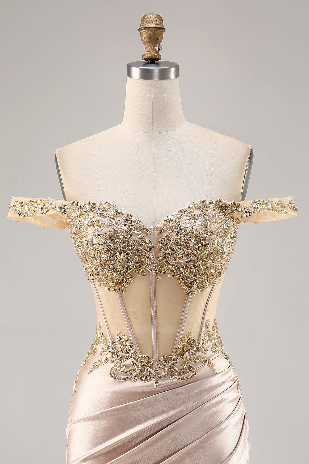 Champagne Off the Shoulder Corset Bodycon Cockatil Dress with Sequins