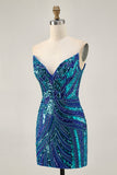 Dark Green Sparkly Strapless Sequins Tight Cocktail Dress
