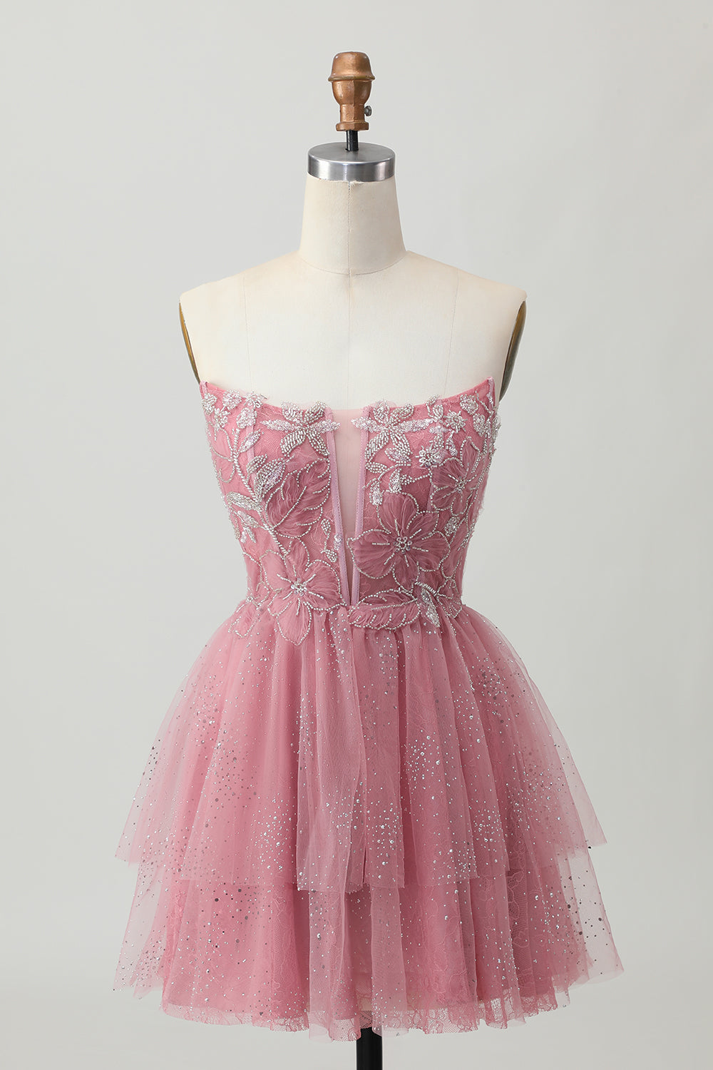 Dusty Rose A-Line Strapless Tiered Tulle Short Prom Dress with Beading