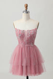 Dusty Rose A-Line Strapless Tiered Tulle Short Prom Dress with Beading