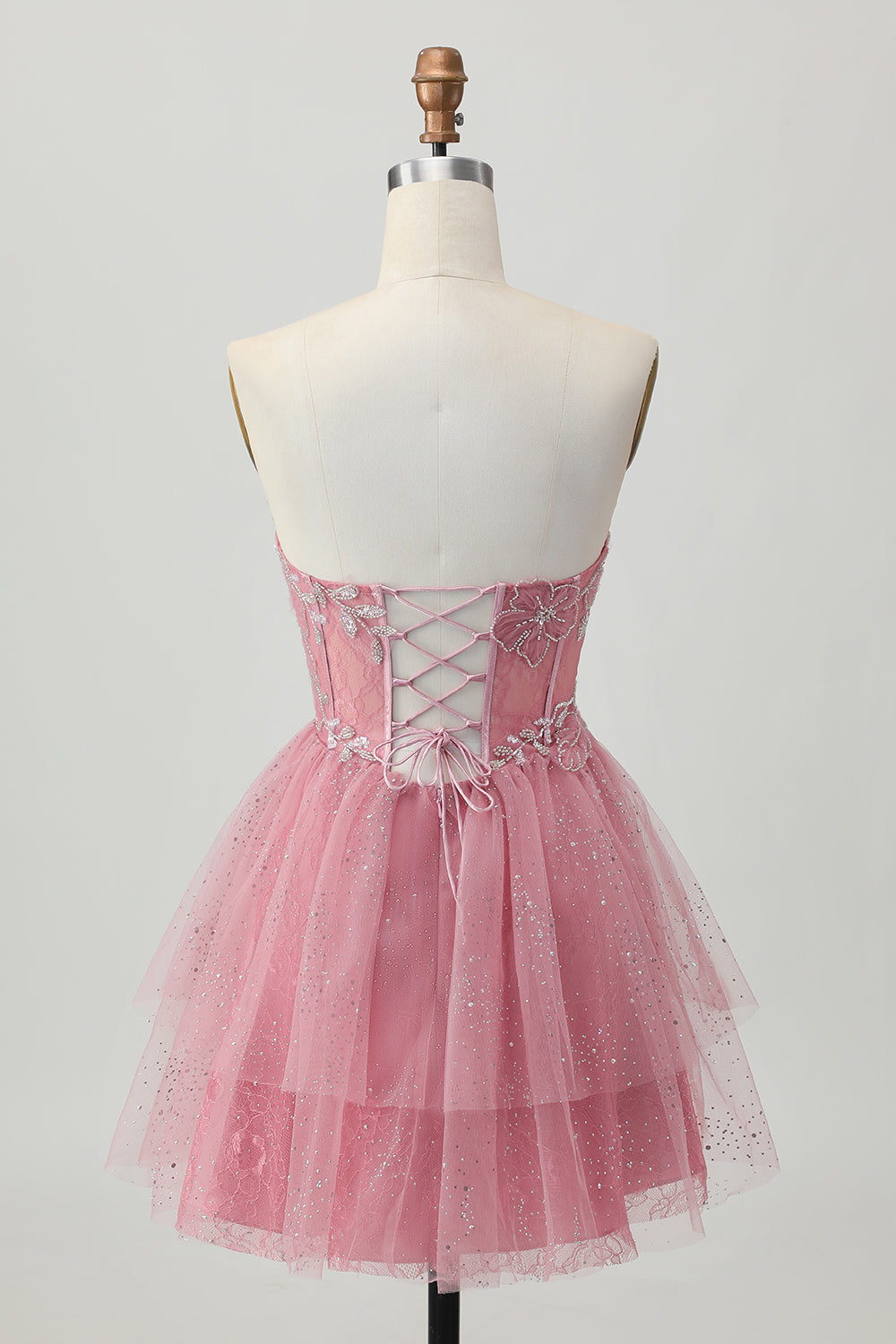 Dusty Rose A-Line Strapless Tiered Tulle Short Prom Dress with Beading