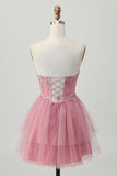 Dusty Rose A-Line Strapless Tiered Tulle Short Prom Dress with Beading