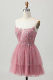 Dusty Rose A-Line Strapless Tiered Tulle Short Prom Dress with Beading