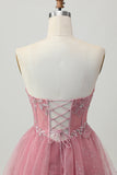 Dusty Rose A-Line Strapless Tiered Tulle Short Prom Dress with Beading