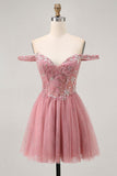 Off The Shoulder Dusty Rose Floral A Line Cocktail Dress