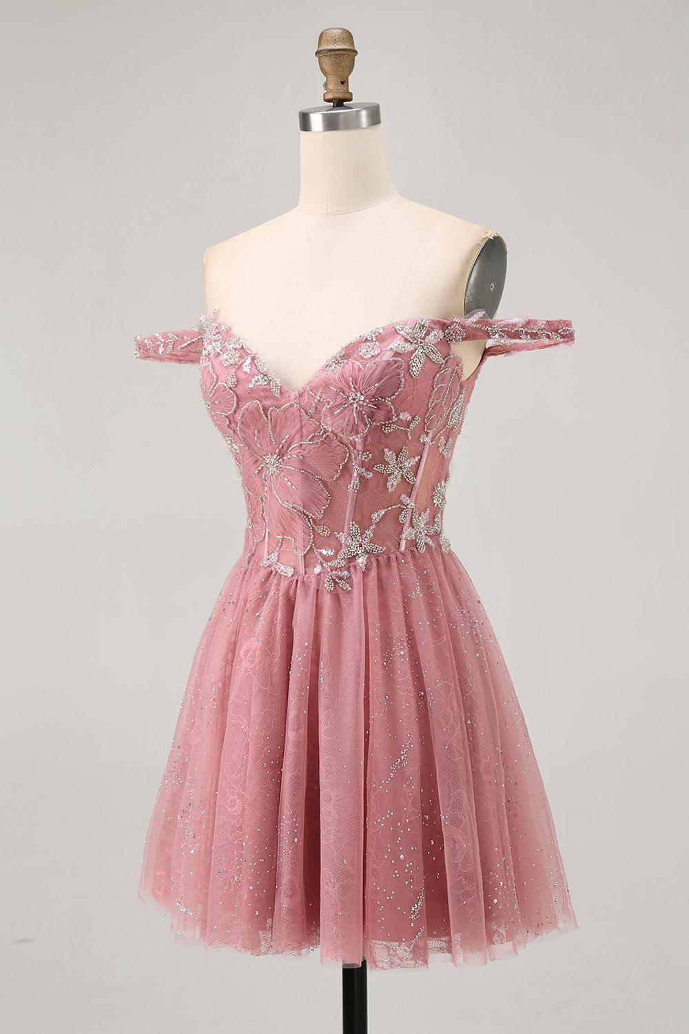 Off The Shoulder Dusty Rose Floral A Line Cocktail Dress