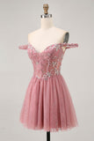 Off The Shoulder Dusty Rose Floral A Line Cocktail Dress