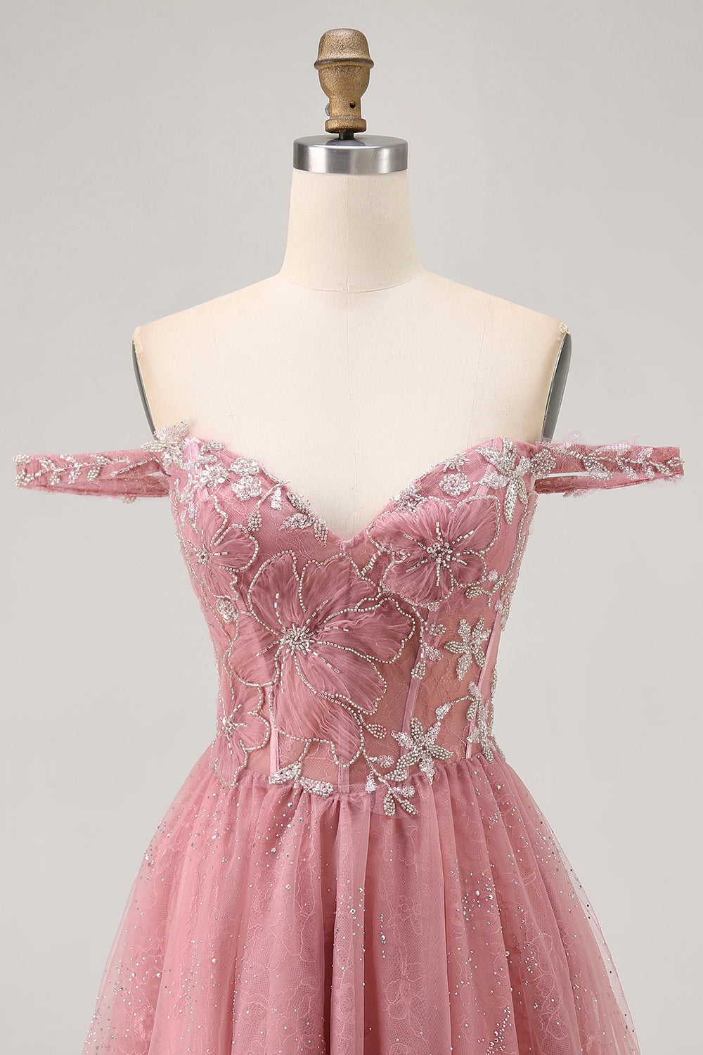 Off The Shoulder Dusty Rose Floral A Line Cocktail Dress