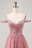 Off The Shoulder Dusty Rose Floral A Line Cocktail Dress