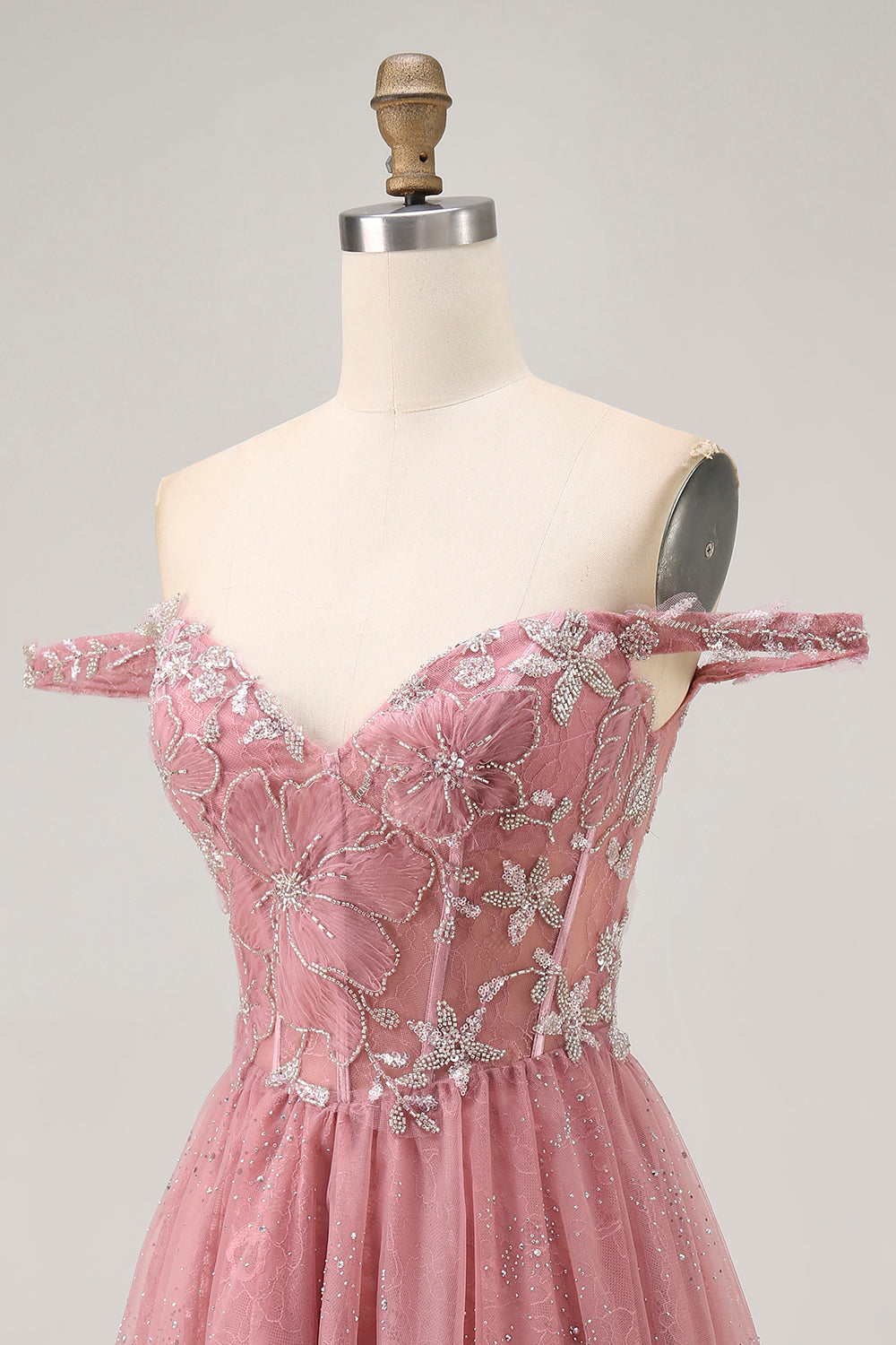 Off The Shoulder Dusty Rose Floral A Line Cocktail Dress
