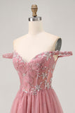 Off The Shoulder Dusty Rose Floral A Line Cocktail Dress