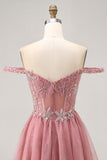 Off The Shoulder Dusty Rose Floral A Line Cocktail Dress