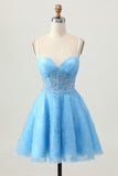 A Line Blue Short Corset Prom Dress with Appliques