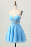 A Line Blue Short Corset Prom Dress with Appliques