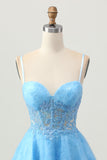 A Line Blue Short Corset Prom Dress with Appliques