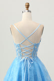 A Line Blue Short Corset Prom Dress with Appliques