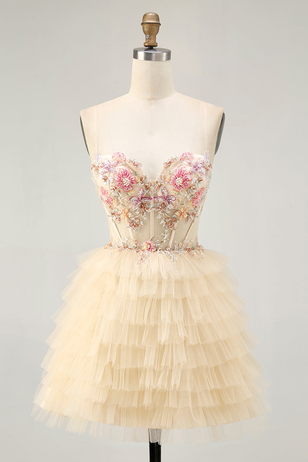 Apricot Spaghetti Straps Corset A Line Ruffled Cocktail Dress
