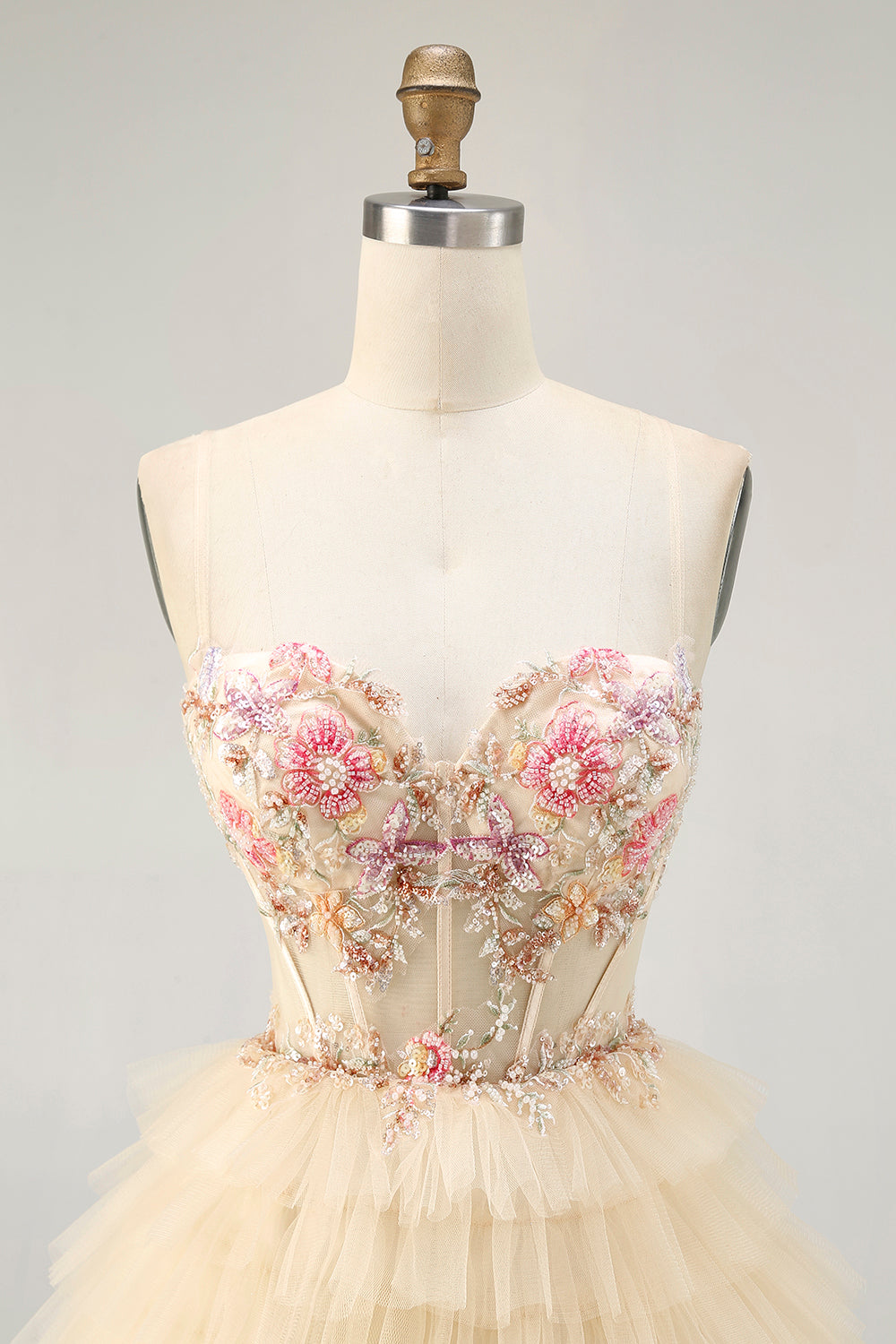 Apricot Spaghetti Straps Corset A Line Ruffled Cocktail Dress