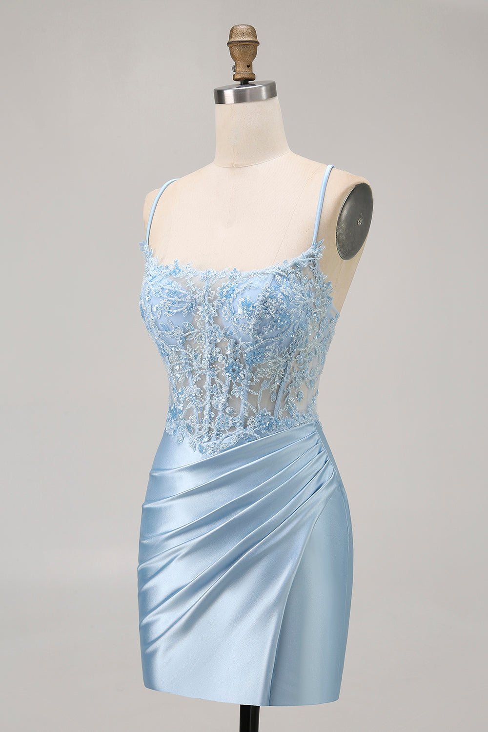 Blue Bodycon Sequins Corset Beaded Cocktail Dress with Appliques