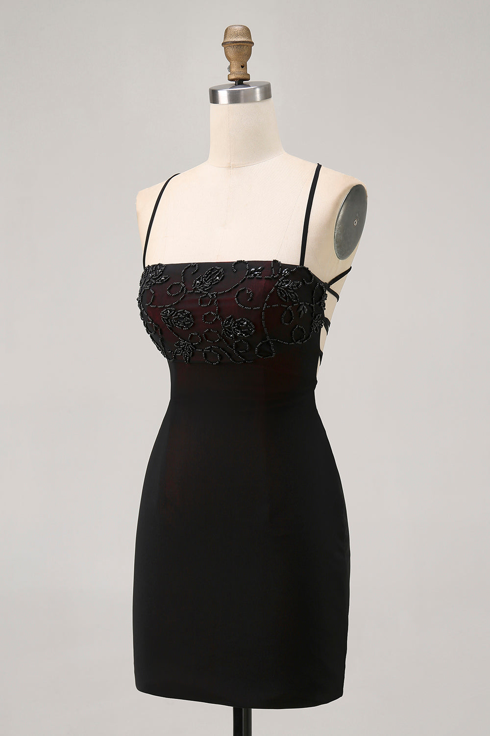 Black Bodycon Spaghetti Straps Cocktail Dress with Beading