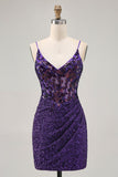 Sparkly Dark Purple Corset Cocktail Dress with Sequins