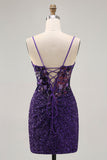 Sparkly Dark Purple Corset Cocktail Dress with Sequins