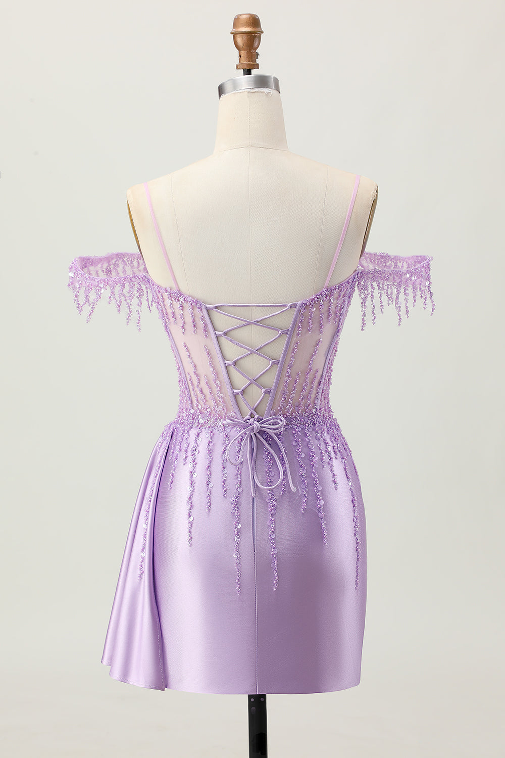 Lilac Sequins Cold Shoulder Beaded Corset Short Party Dress
