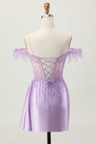 Lilac Sequins Cold Shoulder Beaded Corset Short Party Dress