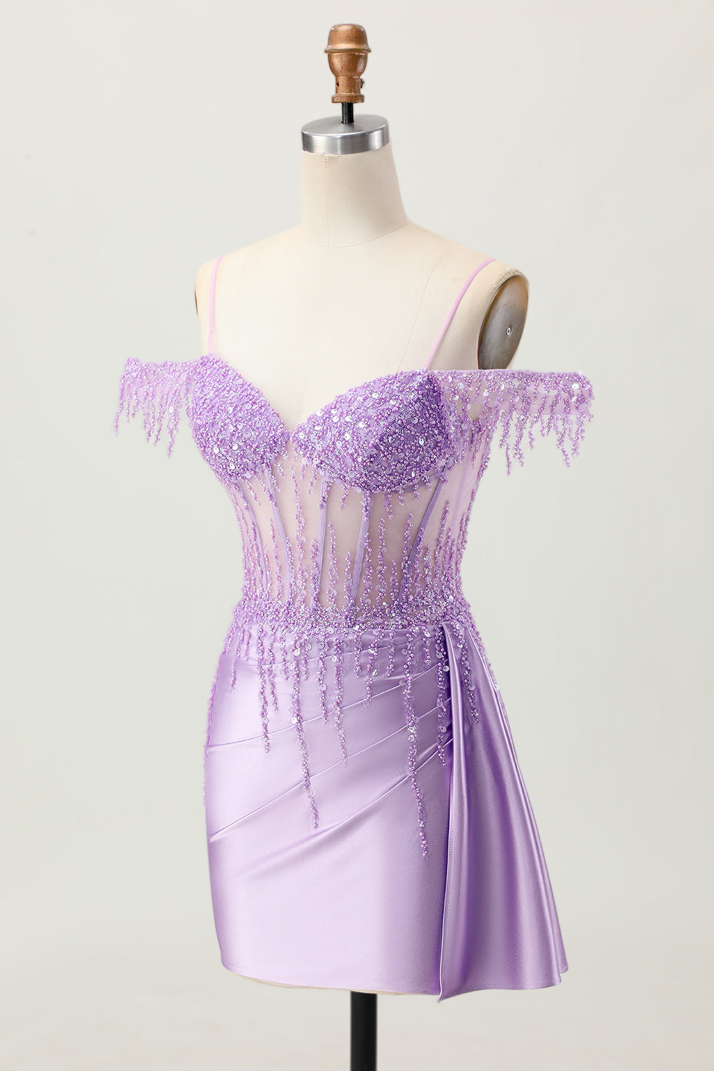 Lilac Sequins Cold Shoulder Beaded Corset Short Party Dress