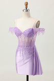 Lilac Sequins Cold Shoulder Beaded Corset Short Party Dress