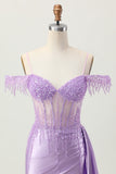 Lilac Sequins Cold Shoulder Beaded Corset Short Party Dress