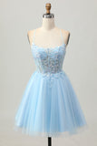 A Line Light Blue Short Appliqued Corset Cocktail Dress