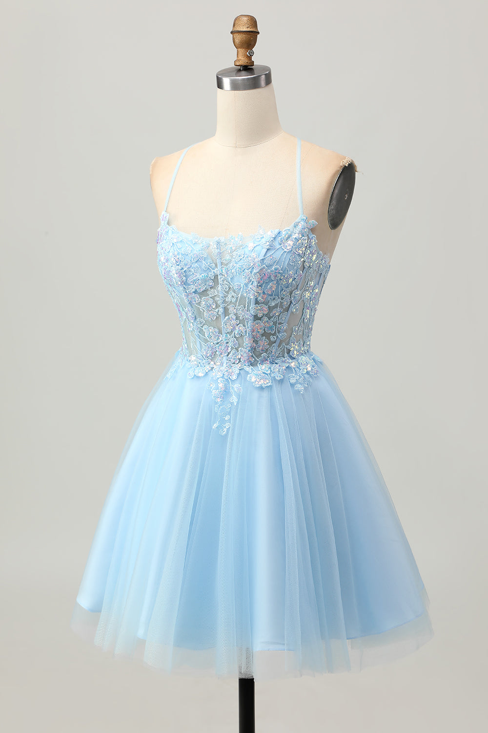 A Line Light Blue Short Appliqued Corset Cocktail Dress
