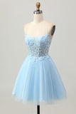A Line Light Blue Short Appliqued Corset Cocktail Dress
