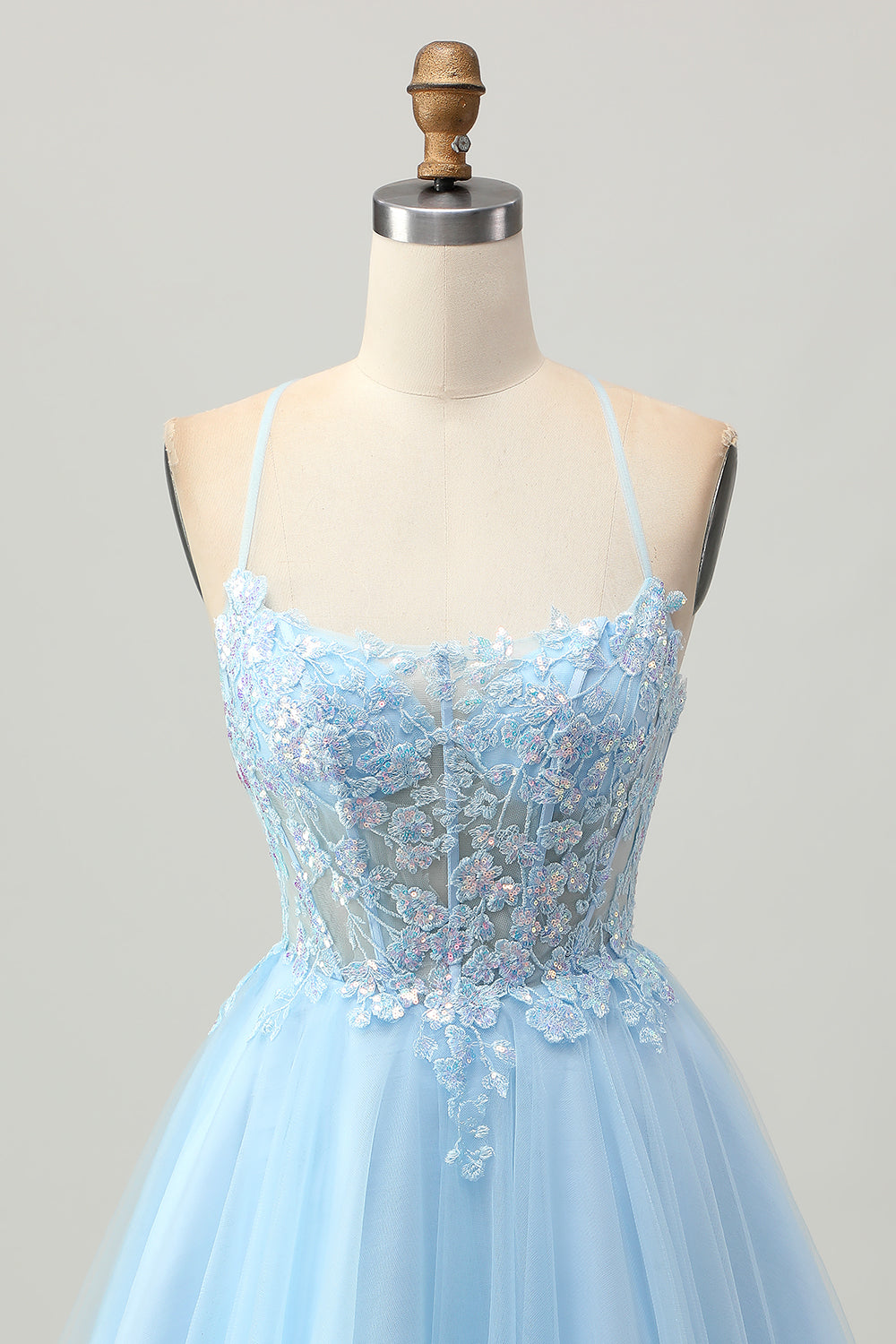 A Line Light Blue Short Appliqued Corset Cocktail Dress