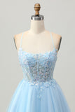 A Line Light Blue Short Appliqued Corset Cocktail Dress