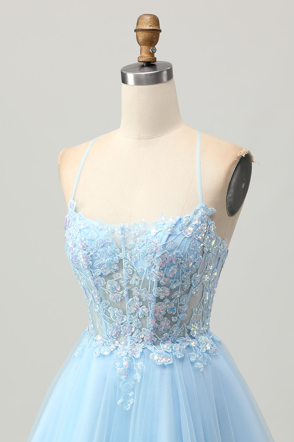 A Line Light Blue Short Appliqued Corset Cocktail Dress
